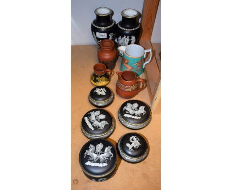 Prattware - Old Greek black and white lidded table tidy chariot; others vases, jugs; etc (11) 