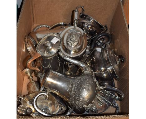 Plated Ware - a late Victorian three piece tea service; other tea ware including water jugs, sugar tongs, etc