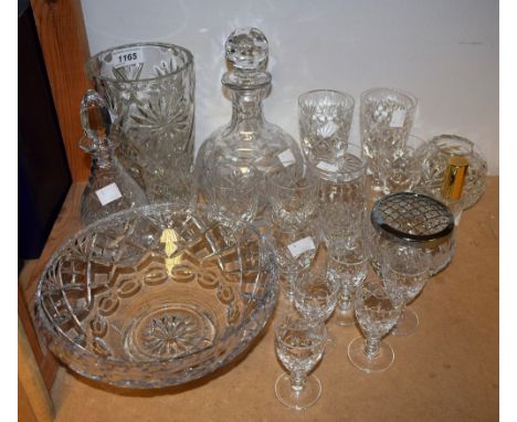 A cut crystal Webb Corbett decanter; cut crystal stemware; a crystal rose bowl; a large fruit bowl; etc 