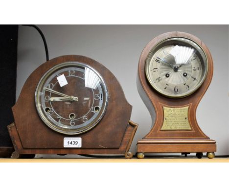 An early 20th century balloon clock, Arabic numerals, presentation plaque; an Art Deco style mantel clock (2) 