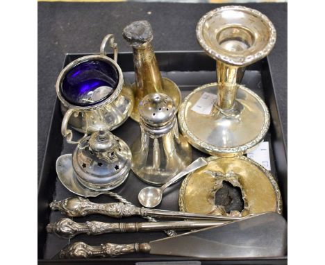 A silver pepper pot, Birmingham 1913; a glass lined salt, Sheffield 1916; others, candle stick, button hooks, coins, etc