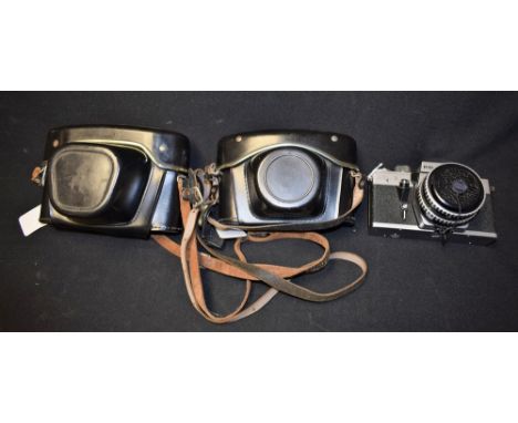 Photography - A Praktica PL nova 1 SLR camera, Pentacon f2.8 29mm lens, leather case; A Praktica PL nova 1B, Zeiss Tessar f2.