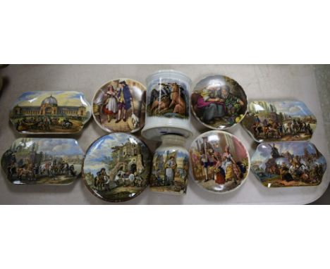 Prattware Pot Lids - Wouverman Pinx Windmill War, Ruins; others similar; a paste jar; etc (10)