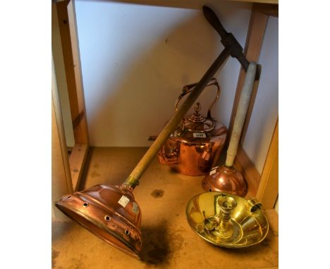 A Victorian copper kettle; a copper washing posser; a brass chamber stick with snuffer, etc (4)