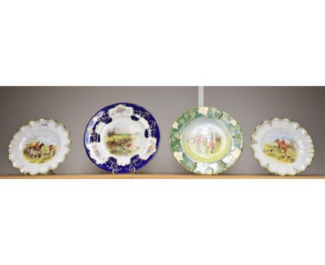 A pair of Royal Crown Derby shaped circular, hunting scene plates, signed; another Handley Cross or Mr Jorrocks's Hunt, green