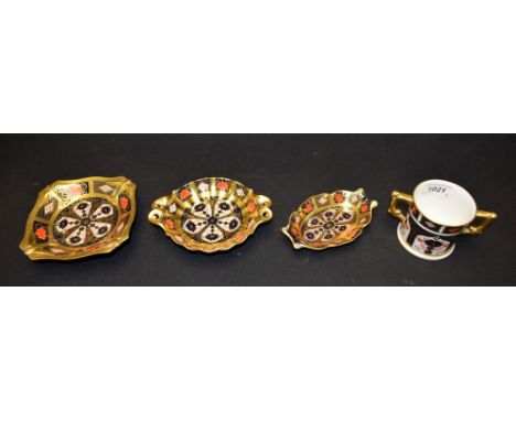 A Royal Crown Derby 1128 pattern small dolphin comport, all gold border, first quality; others, a loving cup, a twin handled 