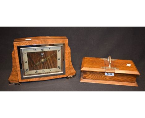 An Art Deco walnut Smiths sectric mantel clock; an oak cigarette box (2) 