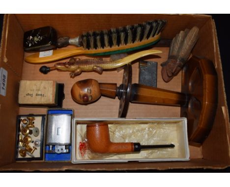 Gentleman's Interest - paper mache snuff box; cufflinks; pipes; magnetic funny dogs; hat brush; etc 