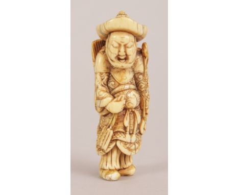 A RARE 18TH CENTURY JAPANESE EDO PERIOD CARVED IVORY NETSUKE OF A TATA ARCHER, clasping arrows in one hand and a bow in the o