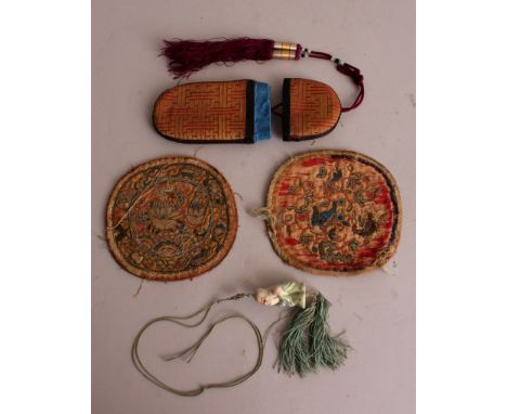 TWO SMALL 19TH CENTURY CHINESE EMBROIDERED SILK PANELS, approx. 4.75in diameter; together with an early 20th Century wan deco