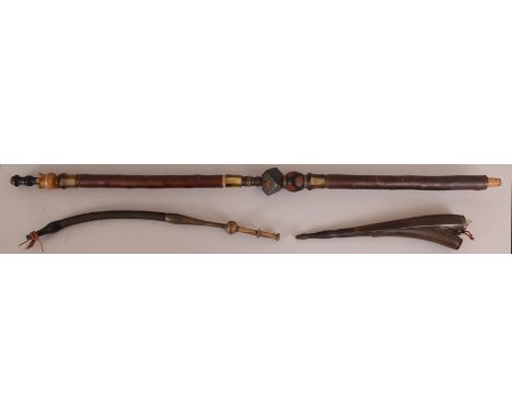 A GOOD 19TH CENTURY EASTERN RHINO HORN & WOOD SECTIONAL HOOKAH PIPE, the rhinoceros horn sections with tight grains, 53.75 lo