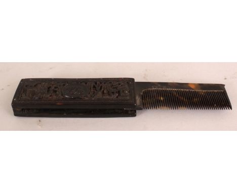 AN UNUSUAL & RARE 19TH CENTURY CHINESE EXPORT CANTON TORTOISESHELL COMB, of rectangular form, the comb section hinged, the co