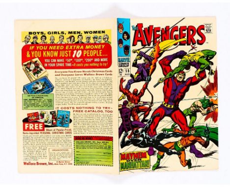 Avengers 55 (1968). Cents copy. Full cover gloss. Very light moisture stain to back cover at top corner [fn-vfn]. No Reserve