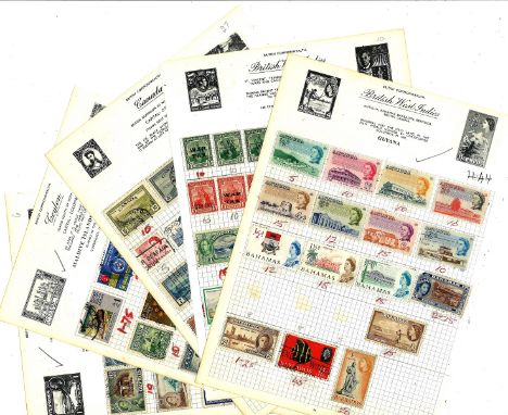 Commonwealth stamp collection 30 loose album pages includes South Africa, New Zealand, Ireland, Cyprus, Ceylon, Canada, Trini