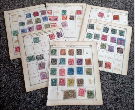 Commonwealth stamp collection 7 loose album pages countries include Canada, Straits Settlements, India, New Zealand and Trini
