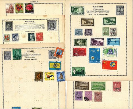 World stamp collection 11 loose album pages old stamp collection includes Indian STATES, Indo China, Vietnam and British Comm