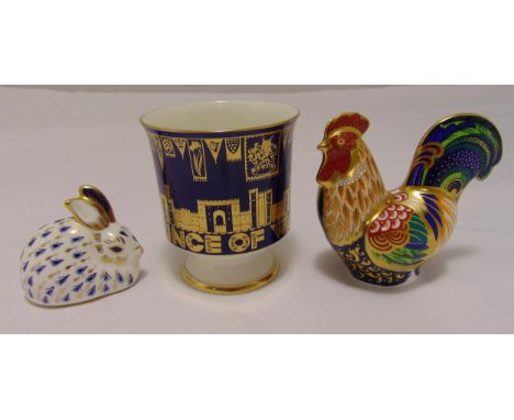 A Crown Derby Limited edition gold button Cockerel, a 1969 Coalport Prince of Wales Carnarvon Castle commemorative beaker and