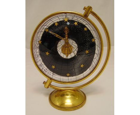Jaeger LeCoultre gilt metal and lucite mantle clock in the form of a flattened celestial globe on raised circular base, 20cm 