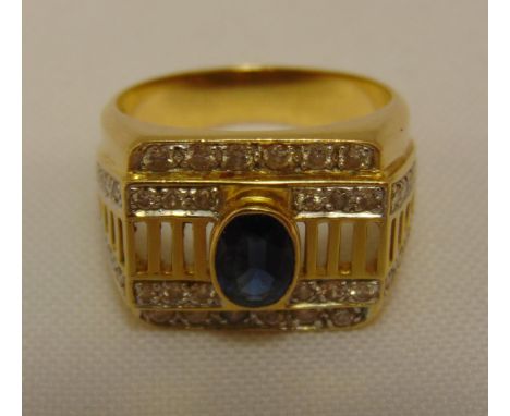 18ct yellow gold, diamond and sapphire gentlemans ring, approx total weight 10.7g