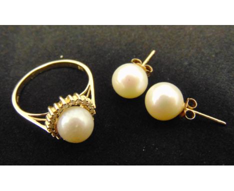 14ct yellow gold and pearl ring and matching earrings, approx total weight 13.4g