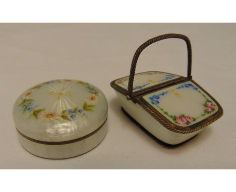 A hallmarked silver and enamel pill box in the form of a basket with swing handle (import marked) and a hallmarked silver and