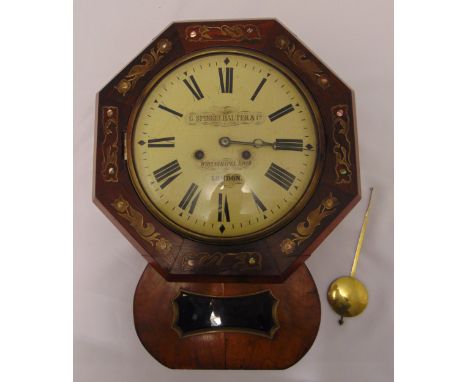 A Victorian mahogany octagonal chiming wall clock, inlaid with brass detail the circular dial with Roman numerals by G. Spieg