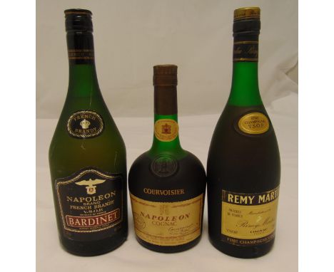 Three bottles of Cognac to include Courvoisier Napoleon 1960s bottling 80 proof, Remy Martin 70 proof and Bardnet Napoleon