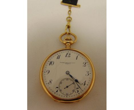 Patek Phillipe 14ct yellow gold open face pocket watch with white enamel dial, Arabic numerals and subsidiary seconds dial