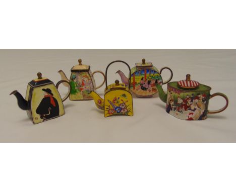Five miniature enamel teapots of various form and shape decorated with figures and flowers