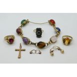 1 Konv. Schmuck GG 8ct. z.T. wohl mit min. Silber und Markasiten (1 Stein fehlt), Halbedelsteinen, u