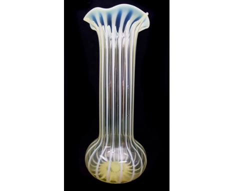 An Walsh Walsh English straw opal glass vase, of cylindrical form with wavy upper rim and bulbous base, c1900, 31cm high