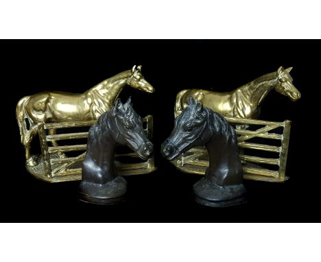 A pair of equestrian brass figures/door stops each of a horse by a five bar gate; and a pair of bronzed metal bookends of hor