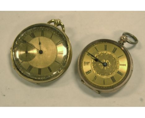A late 19th century Swiss 18ct gold cased open faced pocket watch, having a gilded and engraved dial, subsidiary seconds dial