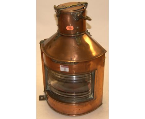 A mid-20th century copper cased ships lantern, stamped Anderson & Gyde Ltd, Birmingham, and dated 1943, h.40cm (a/f)