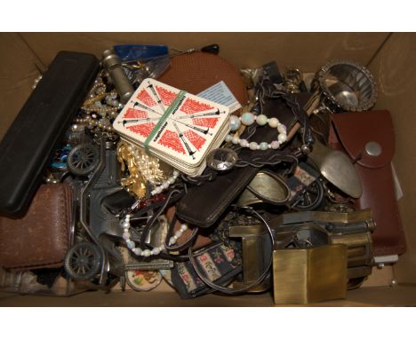 A box of miscellaneous items to include; The Metropolitan Police whistle No.68063 by J Hudson & Co of Birmingham, costume jew