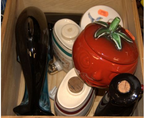 A box of miscellaneous china to include; Sandimann Port decanter, Wade spirit barrels, Poole figure of a dolphin etc 