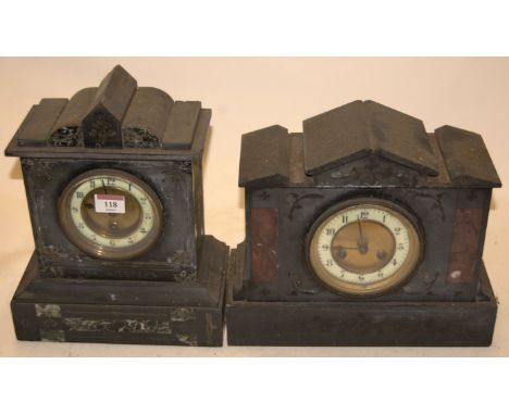 An Edwardian black slate mantel clock having an enamel dial with Arabic numerals together with one other similar (2)