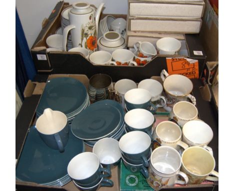 Three boxes of miscellaneous items to include graduated set of three Wade Bramble jugs, matching sugar bowl, Wedgwood blue ja