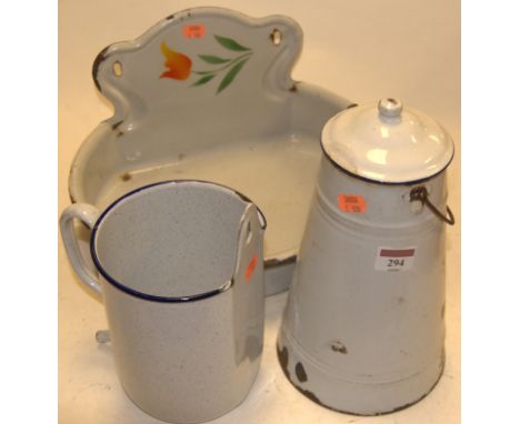 An early 20th century enamelled wall mounted basin together with a conical jar and cover, and one other (3)