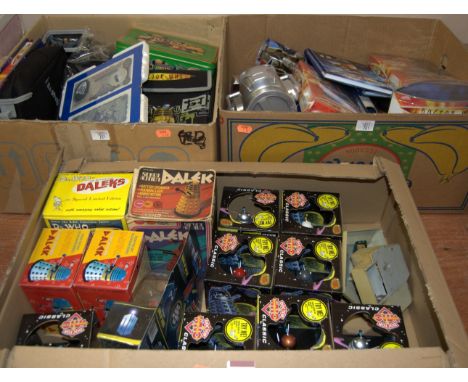 Three boxes of assorted Dr Who related toys, books and ephemera to include a Marx Toys Dalek robot action figure, boxed, vari