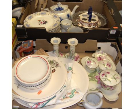 Two boxes of miscellaneous items to include; an articulated wooden artists model, Limoges dressing table set on tray, copper 