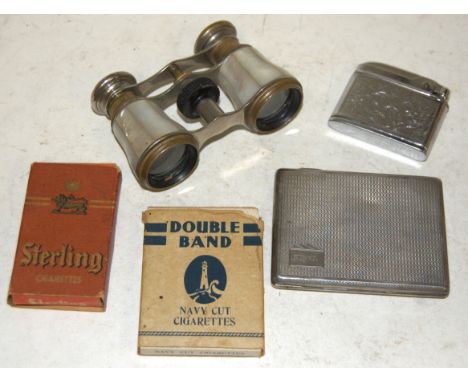 A small collection of miscellaneous items to include; pair of mother of pearl opera glasses, George V silver pocket cigarette