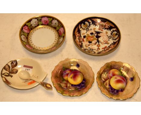 A 19th century Crown Derby saucer in the Imari palette together with one other 19th century Crown Derby saucer, two Royal Alb