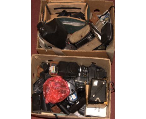 Two boxes of assorted cameras and accessories to include Kodak Model D Brownie, Kodak Kodet, Nikon Nuvis S digital camera, et