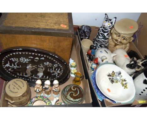 Two boxes of miscellaneous items to include mother of pearl inlaid oval tray, multi biscuit jar, blue & white bowl etc