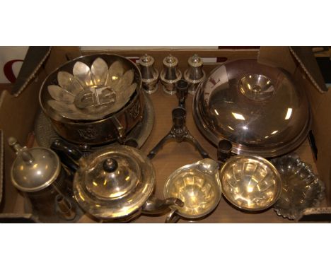 A box of miscellaneous silver plated wares to include three piece tea service, muffin dish and cover, etc