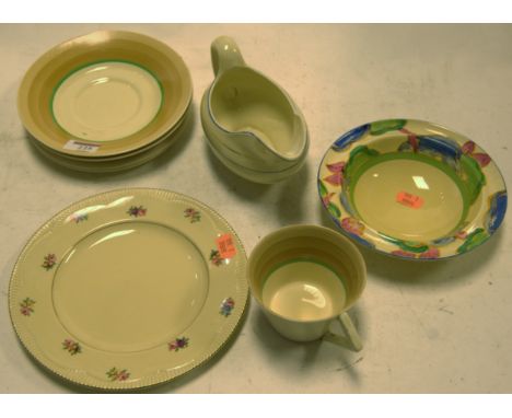 A small collection of Clarice Cliff tablewares to include Art Deco teacup and saucer having Royal Staffordshire Pottery AJ Wi