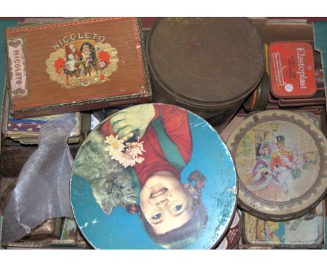 A box of assorted early 20th century and later lithograph painted tins