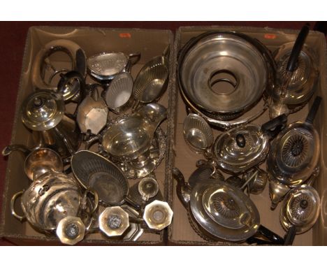 Two boxes of miscellaneous silver plated wares to include wine sleeve, four piece tea service etc