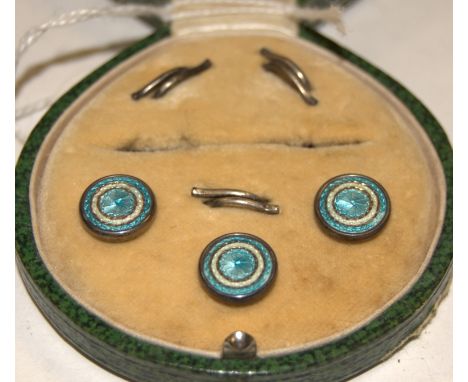 A cased set of enamel set collar studs, retailed by Boswell Henswan of Regent Street
